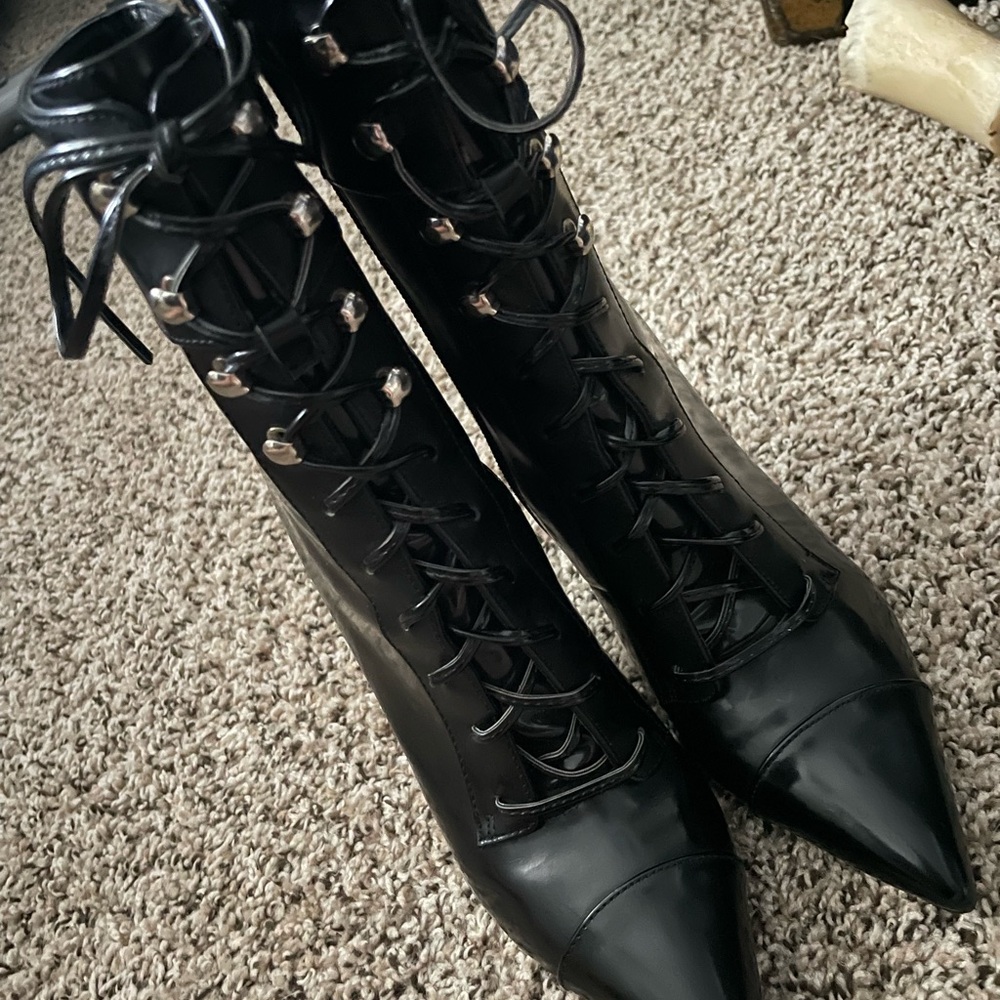 Jeffrey Campbell Black Lace Up Boots with Polished Finish